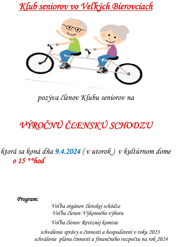 Výkonný výbor Klubu seniorov vo Veľkých Bierovciach oznamuje členom klubu a občanom Veľkých Bieroviec, že kúpanie v termálnych kúpeľoch Malé Bielice sa uskutoční 13.11.2023 (pondelok)