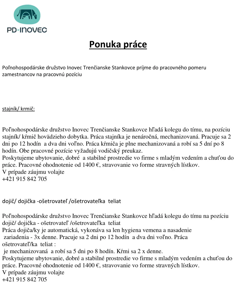 PD Inovec - ponuka práce