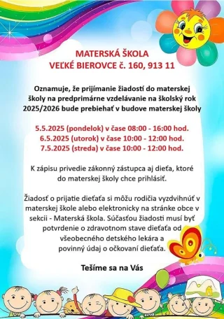 MŠ Veľké Bierovce   zápis 2025 2026