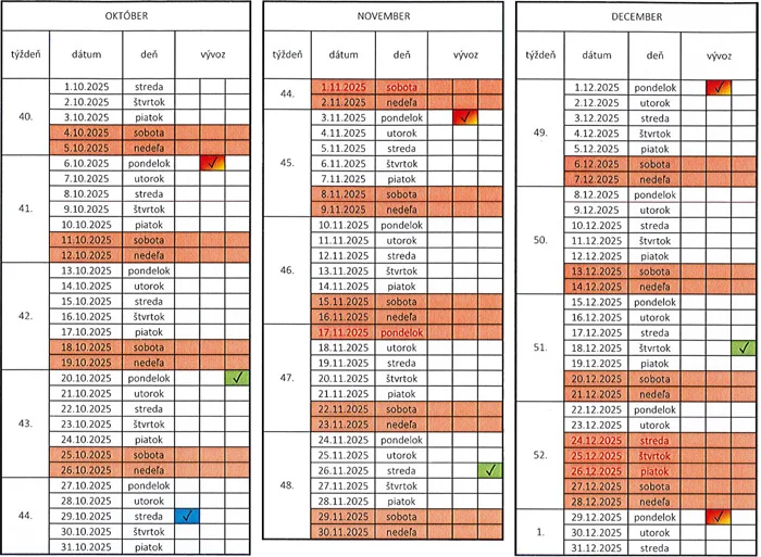 Kalendár zberu odpadov na rok 2025 (október, november, december) pre Veľké Bierovce
