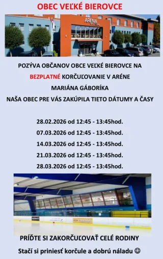 Obec Veľké Bierovce pozýva občanov obce na bezplatné korčuľovanie v aréne Mariána Gáboríka