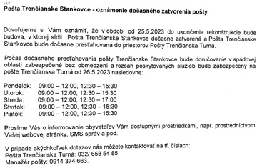 Pošta Trenčianske Stankovce - oznámenie dočasného zatvorenia pošty