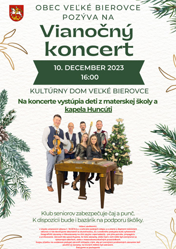 Obec Veľké Bierovce pozýva na Vianočný koncert. 10. decembra 2023 o 16:00 v kultúrnom dome