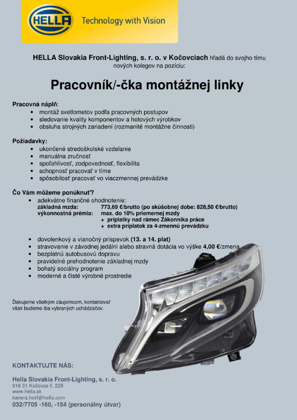 HELLA Slovakia Front-Lighting, s.r.o. v Kočovciach hľadá do svojho tímu nových kolegov na pozíciu: Pracovník/-čka montážnej linky
