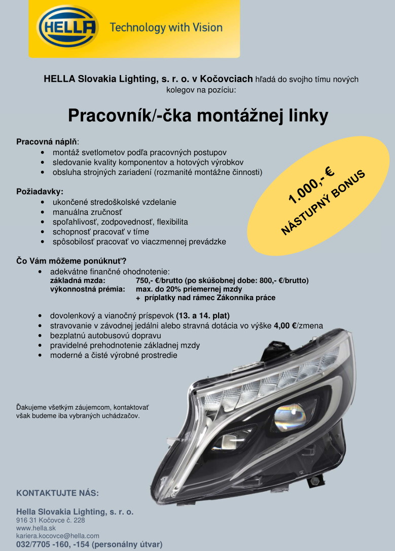 HELLA Slovakia Lighting, s. r. o. v Kočovciach hľadá do svojho tímu nových kolegov na pozíciu Pracovník/-čka montážnej linky